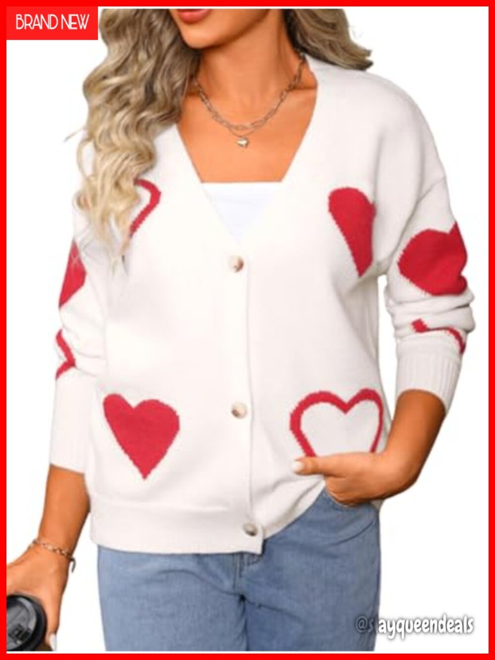 Heart Print V Neck Button Down Cardigan Soft Long Sleeve Sweater